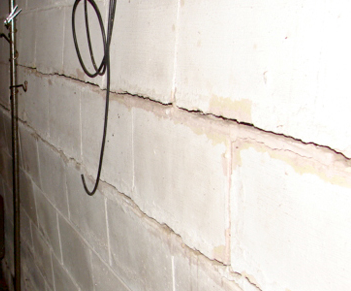 A cracked and bowing basement wall.